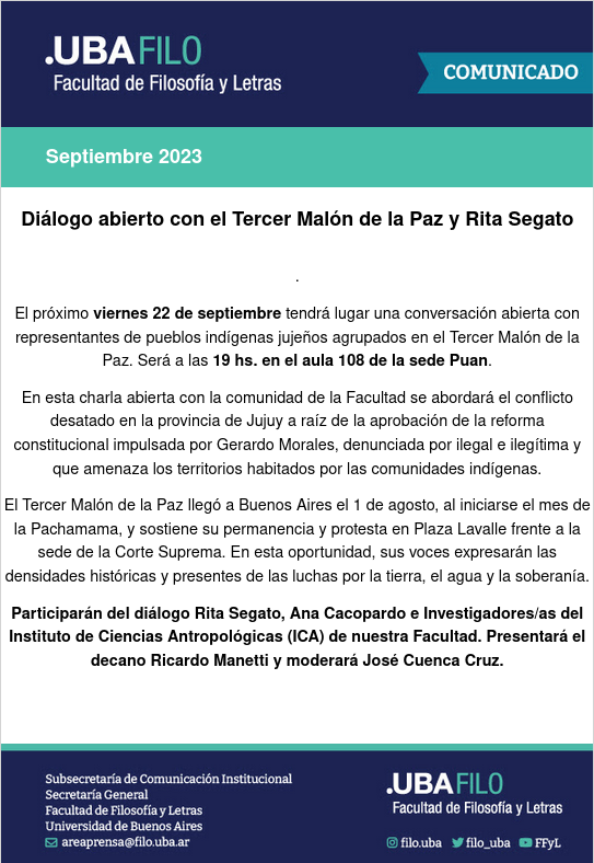 Diálogo abierto con el Tercer Malón de la Paz y Rita Segato Comunicado